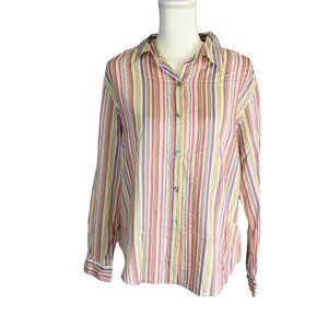 Chico's Women's Long Sleeve Pink Blue Stripes Cotton Button Down Shirt Size 1